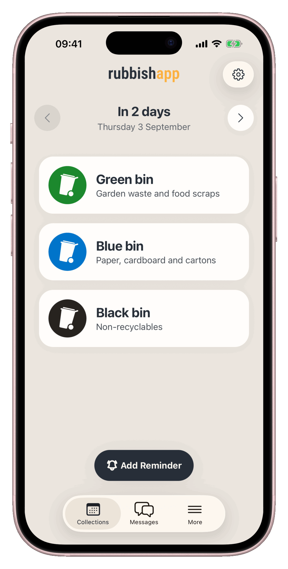 The app's Collections screen listing the bins due at the next collection and the day they are collected